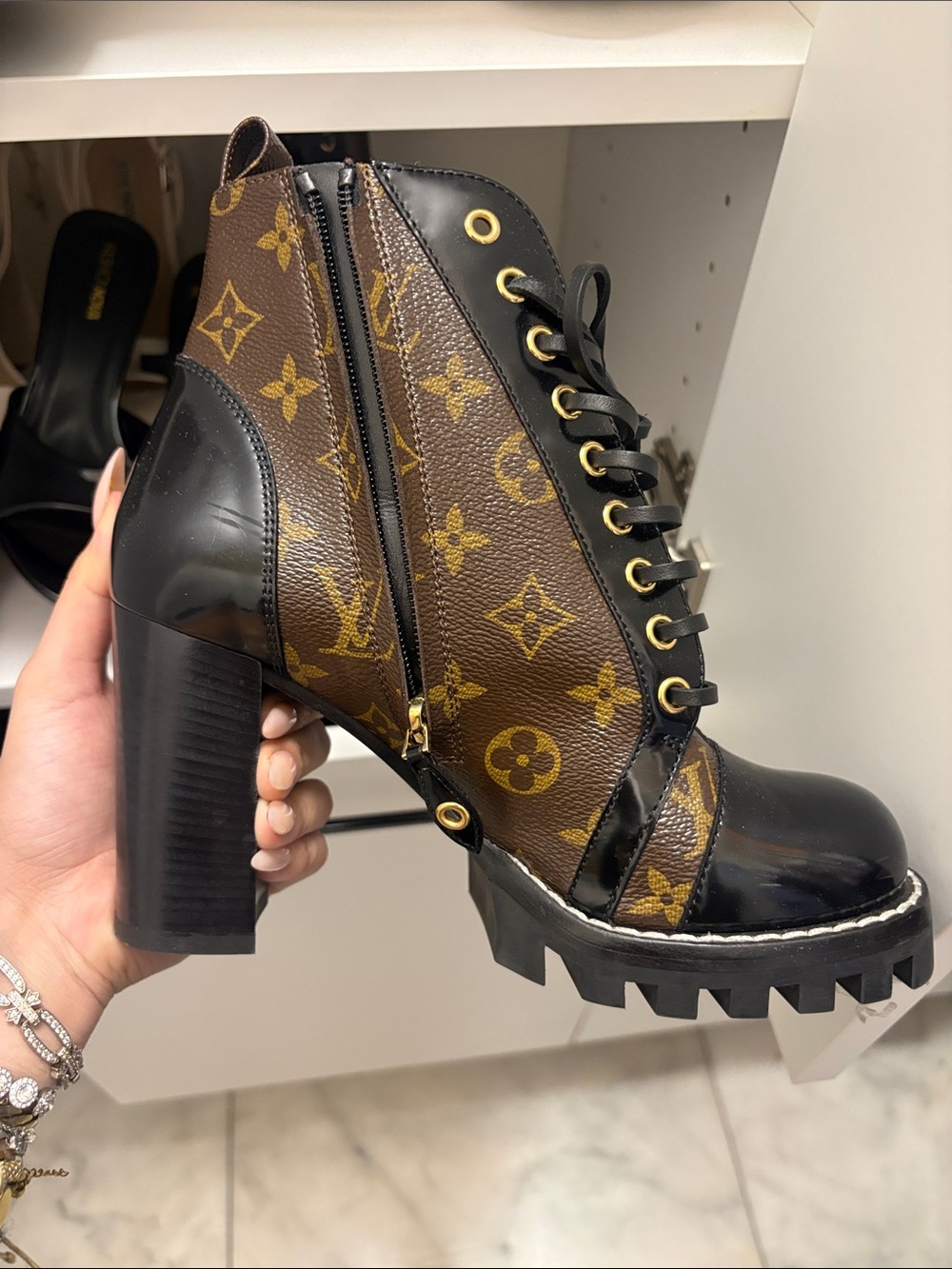 Louis Vuitton Brown Monogram Lace-Up Brown Black Heel Boots - Picture 3 of 7